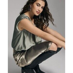 Anthropologie Silky Boatneck Blouse Women's Green Lined Size Medium Party Casual